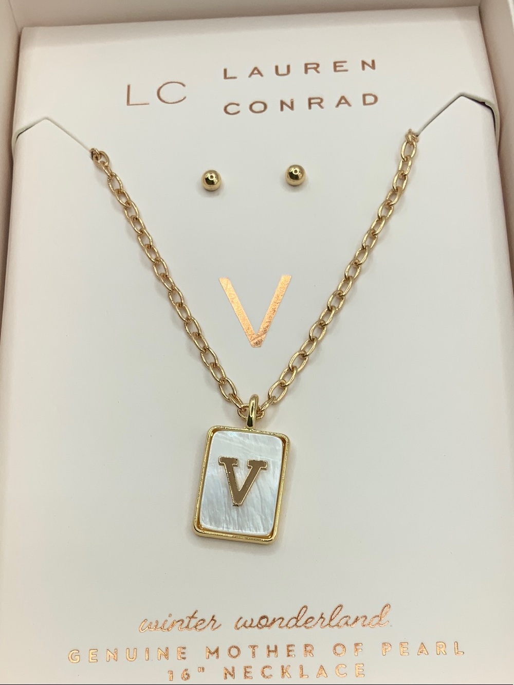 LC Lauren Conrad Gold and White Mother-of-Pearl "V" Initial Necklace Set
